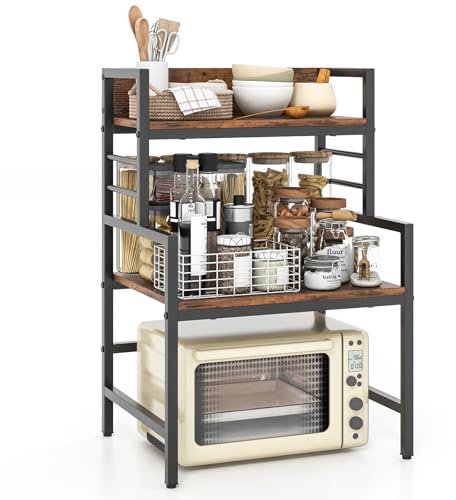 GOPLUS Support Extensible à Micro-Ondes à 3 Niveaux, Etagère à Micro-Ondes avec Cadre en Métal, Etagère Organisateur de Cuisine pour Épices, Mico-Ondes, Marron Rustique