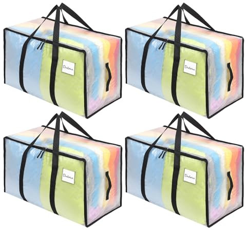 Dntorx 4 Stück 105L Große Aufbewahrungstasche mit Deckel, Faltbare Transparente Umzugskartons Groß mit Reißverschluss Griffe Kleideraufbewahrung Umzugstaschen für Umzug Camping Bettwäsche Aufbewahrung