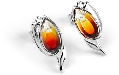 HENRYKA Sunset Amber Teardrop Dangle Earrings - 925 Solid Sterling Silver & Baltic Amber | Stunning & Elegant Two-Tone Design | Lovely Meaningful Gift for Her | 25 mm x 8 mm | Hypoallergenic Accessory