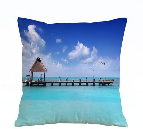 ERRTU Kissenbezug 40x40 cm,Tropisch, Seelandschaft, Wolken, Himmel mit Vögeln, Holzsteg, einsamer Bungalow,Dekokissen Kissenbezüge Deko Kissen Bezug Wohnzimmer Zierkissen für Sofa Stuhl Bett Garten