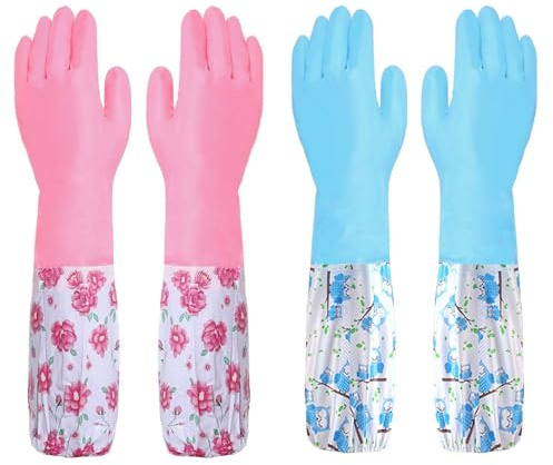 YSDYY 2 Pairs Of Cleaning Long Gloves, Printed Plush Velvet Waterproof Dishwashing Gloves, Reusable Kitchen Housework Rubber Gloves, Blue/Pink, 36*16Cm