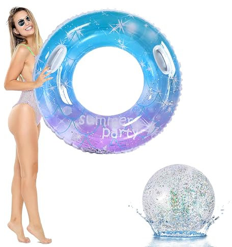 OdiuK Schwimmring Erwachsene Aufblasbare Pailletten Schwimmreifen Mit Griff, Sommer Groß Schwimmenring&Wasserball Dauerhafter Floating Ring, Luftmatratze Ring für Schwimmbad Strand Partys 90CM+40CM