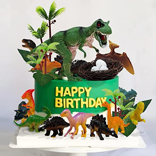 HZYKDWD 26 PCS Dinosaur Cake Toppers With Dinosaur Eggs Leaves Trees Cake Decorations For Birthday Party,Wild Animals Party,Kids Cake Decorations (A)
