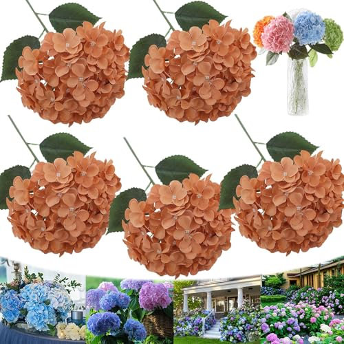 Grandes fleurs d'hortensia artificielles d'extérieur en soie réalistes résistantes aux UV avec tiges pour décoration de maison, de mariage (marron, 5 pièces)