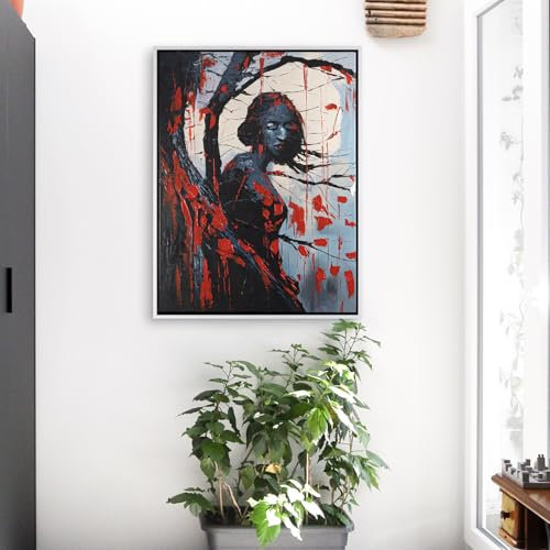 düsteres Gemälde einer Frau in Schwarz & Rot - Schwarze Phytomorphe - Abstrakte Kunst auf Leinwand, handgemalt in 60x80cm mit Schattenfugenrahmen Weiß - Stilvolles Wandbild für Zuhause & Büro