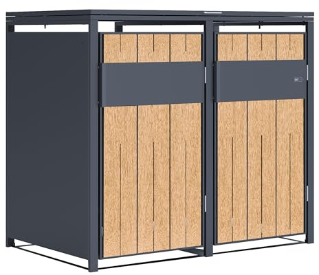 AXI Luke Cache-Poubelle en Métal Anthracite & Aspect Bois 2 Conteneurs | Abri Poubelle avec Couvercle, Acier Galvanisé, Max 480 L, 132 x 80 x 116 cm