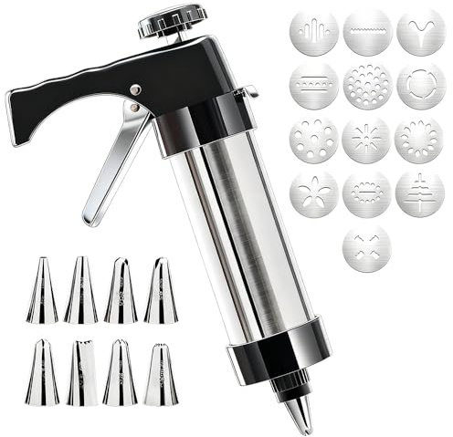 NAJILI Gebäckpresse, Tortenspritze Garnierspritze, Keksform, Backwerkzeugset, Edelstahl, Mit 13 Schablonen Und 8 Spritztüllen, Dekorative Spritzpistole Für Kuchen Kekse