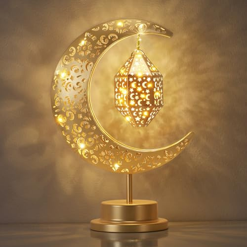 Luxspire Lampe de Lune, Décoration du Ramadan à Croissant de Lune+d'Étoile pour Maison, Décoration de l'Aïd Mubarak, Lumière du Ramadan Alimentée par Piles, Lampe de Table Marocaine, Hexagonale+Lune