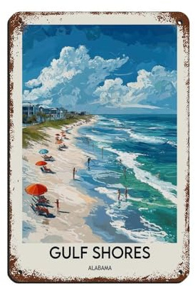 Gulf Shores Kunstposter, Retro-Poster, Metall-Blechschild, schicke Kunst, Retro, Eisenmalerei, Bar, Menschen, Höhle, Café, Familie, Garage, Poster, Wanddekoration, 20 x 30 cm