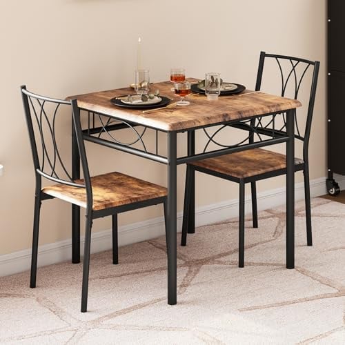 Garvee 1-Tisch-2-Stühle Esszimmer-Set, Retro-Stil Essgruppe mit MDF-Oberfläche & Eisenrahmen (100,5×76×16,2 cm)