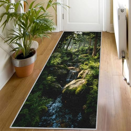 Grün Forest Läufer Teppich 80x150 cm, Pflanze Botanical Wasserfall Teppich Läufer Flur, Waschbar Rutschfest Teppichläufer für Schlafzimmer Küche Wohnzimmer Bettvorleger Weich & Kurzflor (Olivgrün)