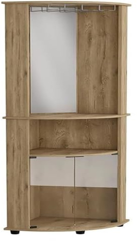 KEuLen Bar-Kaffee-Eckschrank mit Aufbewahrung – 74 Zoll hoch mit Abgerundeter Front, Glashalter, doppelten Glastüren und zentralen Regalen