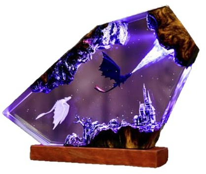 Fhlprte 3D Ozean Epoxidharz Nachtlicht,Harz-Ozean-Lampe,Ornamente mit Holzsockel,Dinosaurier, der Feuer speit,Nachttischlampe Schlafzimmerlampe mit USB-Kabel für Meeresliebhaber (Violettes Licht)