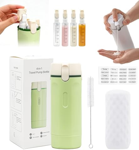 4 in 1 Travel Bottle Dispenser with Label&Silicone Covers for Toiletries | 4*30ml Leakproof Travel Size Containers with Brush,Portable Refillable Pump Bottle Dispenser,for Shampoo Lotion Conditioner