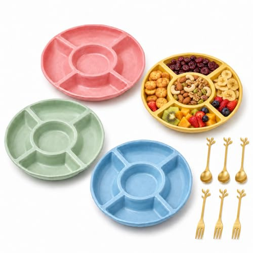 HANXIANG Serving Dishes & Platters Compartment Trays with 5 Sections | With Spoons and Forks for Children's Parties and Weight Control, Durable for Home Use