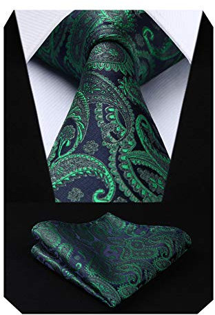 HISDERN Herren Krawatte Taschentuch Paisley Blumen Hochzeit Krawatte & Einstecktuch Set Grün und Marineblau
