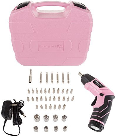 Pivoting Electric Screwdriver - 45-Piece Pink Tool Set - Cordless Power Tool with 3.6V Lithium Battery and LED Flashlights by Stalwart (Pink)
