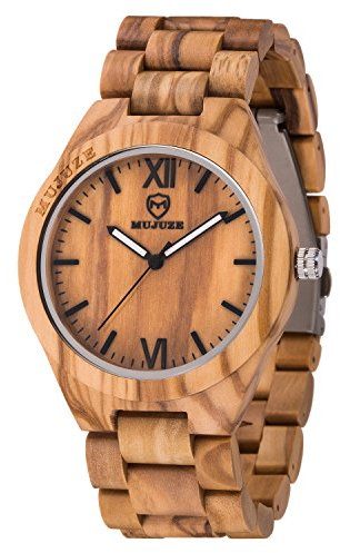 MUJUZE Herren Analoge Quarz Armbanduhren mit Olivenholz Band und Leuchtendem Zeiger ME1001Olive Wood