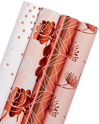 RUSPEPA Geschenkpapierrolle - Rose Gold Blumen, Löwenzahn, Linien Und Tupfen Für Hochzeit, Geburtstag, Babyparty Geschenkpapier - 4 Rollen - 76cm X 305cm Pro Rolle