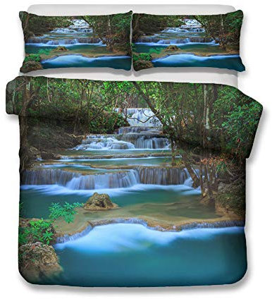 Chickw1 Bettbezug Set 3D, 3 Teilig Bettwäsche mit 2 Kissenbezüge Wasserfluss Landschaft Drucken Mikrofaser Hypoallergen Atmungsaktive Bequem Weich Haltbar für Doppelbett (AST,135x200cm)