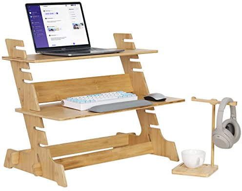 FATIVO Schreibtisch Stehpult Holz Höhenverstellbar: Schreibtisch mit Stauraum höhenverstellbare Computertischaufsatz Stehpult Laptopständer doppel Etagen mit Kopfhörerhalter