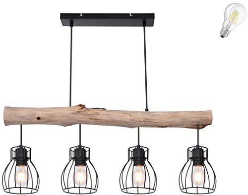 Pendelleuchte Retro Vintage Hängelampe Design Decken Holz Balken Holzstamm Rustikal Wood Pendel Spot Ess Zimmer Wohnzimmer Treppenhaus Gitter Lampe incl. 4W LED (4er Retro Pendelleuchte incl. LED)