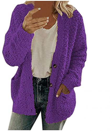 Cardigan a Maglia Grossa da Donna, Oversize, Tinta Unita per Autunno e Inverno, Comodo Con Bottoni, Parka, Giacca di Peluche Teddy, in Pile da Ragazza, Lilla