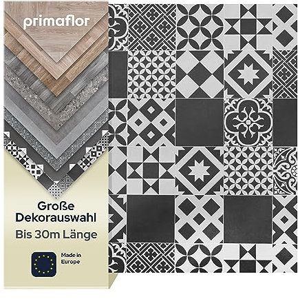 Primaflor PVC Bodenbelag Meterware TURVO - Fliese Schwarz-Weiß, Lissabon, 2,00m x 3,00m, Vinyl-Boden in Fliesenoptik für Küche, Wohn- und Badezimmer, Hochwertige Auslegware, Anti-Rutsch Oberfläche