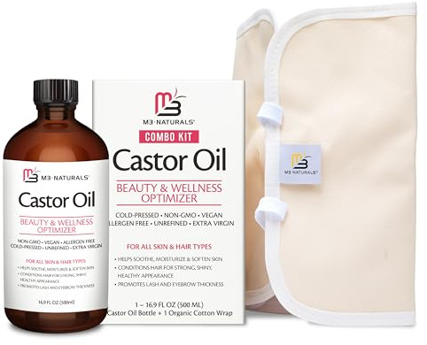 Pure Castor Oil Pack Kit, Large Hexane-Free Cold-Pressed in Glass Bottle with Adjustable Reusable Organic Cotton Wrap for Detox and Wellness (1 of Each) by M3 Naturals