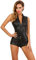 MISS NOIR 9332 Damen Kurzer Overall Sexy Playsuit Party Jumpsuit Lederoptik mit 4-Wege-Reißverschluss Clubwear (Schwarz (9332-BK), XS)