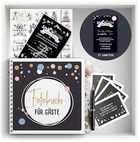 Fotospiel Set 50 Geburtstag by snaPmee - Fotoaufgaben, Hardcover-Gästebuch (21x21cm), Stift, Sticker, Aufsteller - Party-Spiel für Gäste