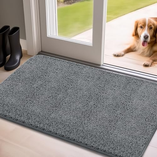 Mibao Indoor Door Mat 60 x 90 cm, Dirt Trapper Entrance Doormat, Non-Slip Inside Floor Mat Low Profile, Dog Doormat, Super Absorbent Welcome Mat Rug for Front Door, Back Door, Shoes and Paws, Grey