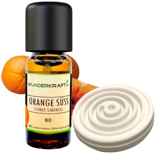 BIO Orangenöl + Duftstein im Set - 100% naturreines ätherisches bio Orangenöl süss von WUNDERKRAFT.BIO, Aromatherapie & Diffuser geeignet, 10ml Aromaöl