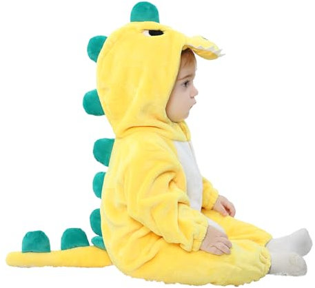 LOLANTA Costume da Dinosauro per Bambino Unisex, Costume da Animale con Cappuccio per Bambino, Tuta Sindacale in Flanella, Giallo, 4-5 anni