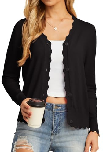 GRECERELLE Women's Long Sleeve V-Neck Button Down Cardigan Knit Shrugs Sweaters(Black, Medium)