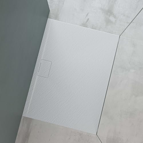 Mai & Mai Piatto Doccia 90x120 cm con Piletta, Spessore 3cm, Piatto Doccia Rettangolare Ultrasottile in Resina Effetto Pietra, Antiscivolo Indistruttibile, per Box Doccia, Bianco, Geoma07