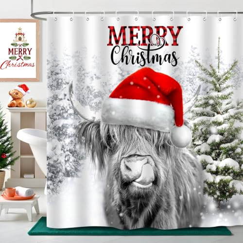 ZXMBF Frohe Weihnachten Kuh Duschvorhang, lustig, niedliches Hochlandrind, Winter, Wald, Schnee, Tannenbaum, Schneeflocke, natürliche Szene, Zuhause, Badezimmer, Dekoration, wasserdichter Stoff, 183 x