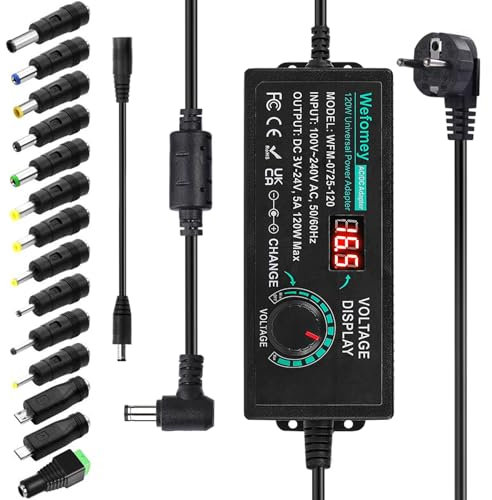 3~24V 5A 120W Adaptateur Alimentation Réglable, Adaptateur Secteur Universel Convertisseur, 100V-240V AC à DC 5A avec 14 Connecteurs, pour électroniques Ménagers 3V~24V, 5000mA Max