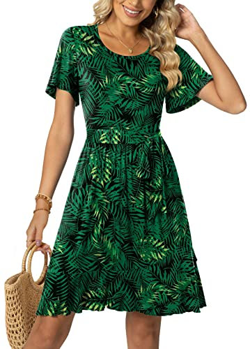 Aodemo Women Casual Summer Empire Waist Short Sleeves Work Dresses Ruffle Hem Swing Tie Waist Beach Dress XL, Leaf Green