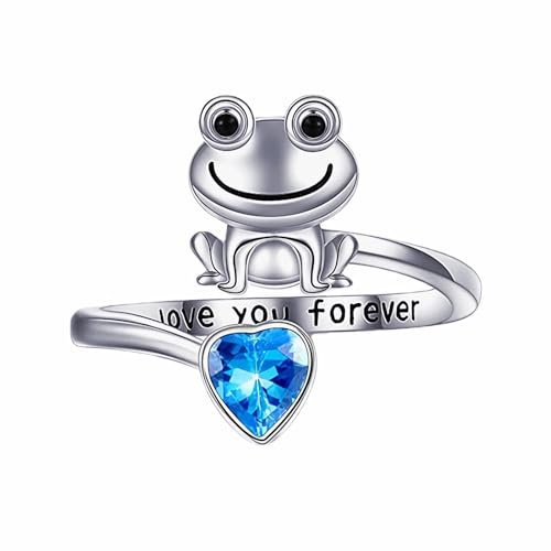 Dishowme Kristall-Froschring, Strass, Herz, Knöchelring, 'Love You Forever', Fingergelenkring, verstellbar, Tierschmuck für Damen und Mädchen, Metall, Strass, Blau, Ring
