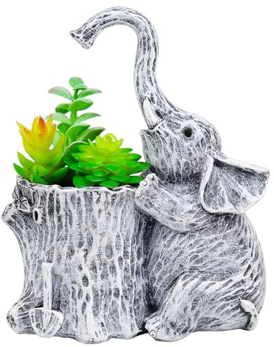 upbema Elephant Gifts for Women Succulent Pots Indoor Planters for Plant Lovers Cute Outdoor Plant Pots Gift Idea for Mother Outdoor Garden Animal Decor Elephant Hug Stump Statue with Drainage Hole