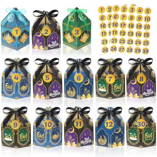 SEPGLITTER 30 Stück Eid Mubarak Geschenktüten mit Aufklebern, Kraftpapier Ramadan Geschenkboxen Ramadan Süßigkeiten Ramadan Kalender Islamische Geschenkbox Ramadan Tüten zum Befüllen Partyzubehör