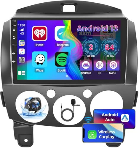 Hikity 2+64GB Android 15 Carplay Android Auto sans Fil, pour Mazda 2 2007-2014 Radio, Écran Tactile 9 Poste Radio Voiture, Bluetooth GPS Navi WiFi FM RDS SWC EQ USB+Caméra de Recul