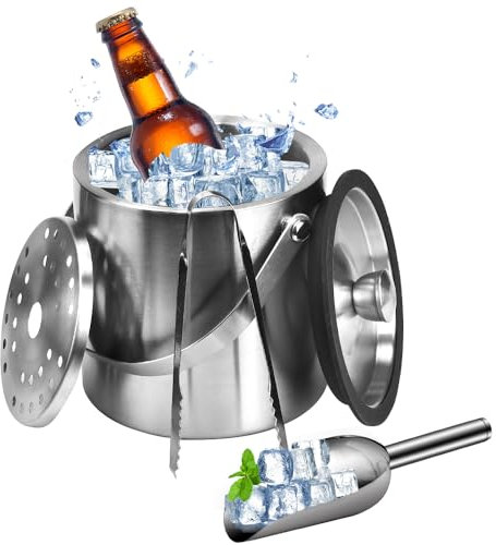 SLTAXAR 1,6L/54OZ Eiskübel Edelstahl Eiseimer Champagner Kühler Eiskühler Sekt Eiswürfelkühler Doppelwandig Eisbehälter Isolier Eiswürfelbehälter Wein Bier Eiskübel mit Deckel Sieb Eiswürfelform