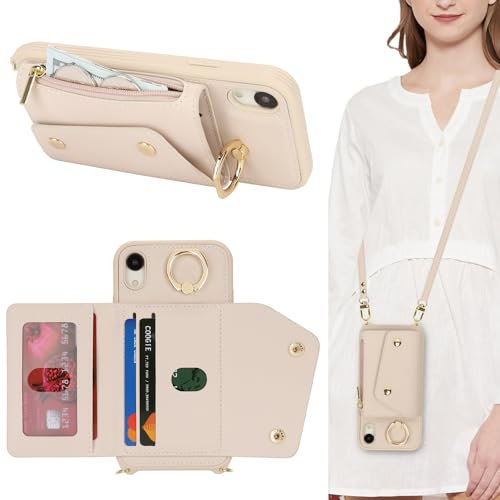 Lipvina Coque pour iPhone XR avec Cordon Porte Carte Coque iPhone XR zippé Portefeuille Femme Telephone Portable Réglable Collier Housse Étui avec Anneau pour Femmes - Blanc