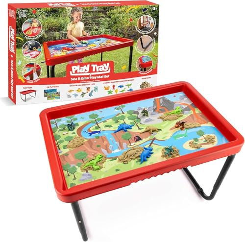 Play Tray Activity Table Age 3+ with Play Mat Set, Kids Sensory Play Tray, Sea Life and Dinosaur Theme Play Mat Set, Red