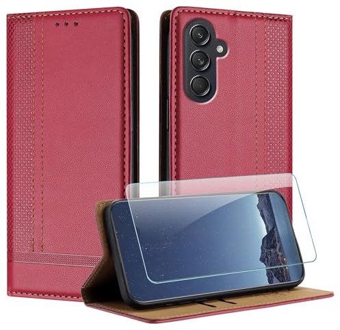 JayModCase Funda para Samsung Galaxy M55 con Protector Pantalla, Flip Leather Ranura Tarjeta Magnético Wallet Carcasa con Cierre magnético Soporte Plegable para Samsung M55 - Rojo