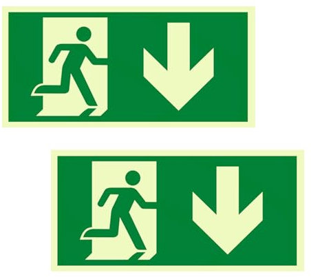 Ksvaye 2 Piezas 30 x 15cm Cartel Salida de Emergencia Homologado Autoadhesivo Luminiscente Señal de Salida de Emergencia,Ruta de Escape Señal Ruta de Rescate (Hacia Abajo) (abajo)