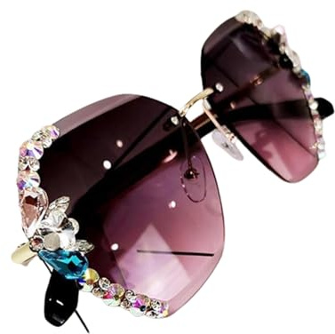 IMMUNOTRAX Randlose Vintage-Sonnenbrille aus Kristall,Sonnenbrille mit glitzernden Diamanten für Damen,Randlose Sonnenbrille mit Strasssteinen