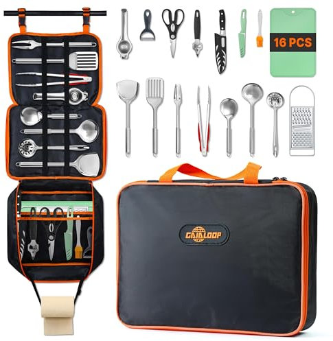 GAIALOOP Camping Cooking Utensils Set 16 PCS Camp Kitchen Cookware Kit with Organizer Bag, Portable RV Camping Essentials Camper Must Haves for Cookouts Open Fire Pit